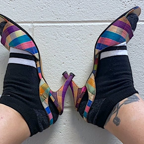 Vintage 1950s 1960s Spring Rainbow Plaid Silk Palter DeLiso Sandals Size US 9M - Picture 3 of 12